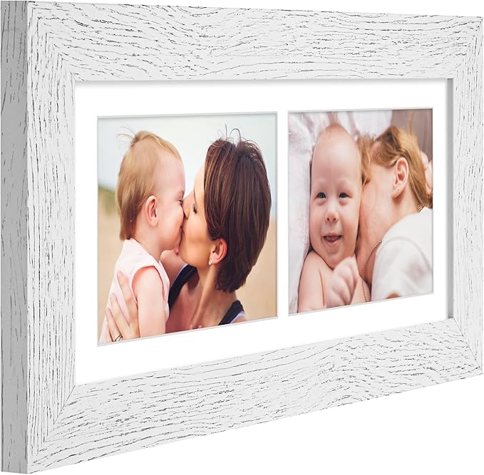 6x15 Picture Frame Display 2 opening 5X7 Double Picture Frame Collage,Multi Photo Frame with Mat,Plexiglass,Horizontal and Vertical Formats for Wall Decor,Distressed White Wood Grain
