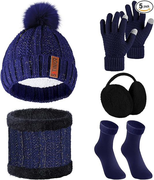 SATINIOR 5 Pcs Winter Hat Scarf Gloves Set Fleece Warm Lined Knit Beanie Hat Touch Screen Earmuff Gloves Warmer for Women(Navy Blue,Classic Style)