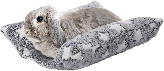 MEWTOGO 15.7" x 14" Bunny Bed for Rabbit Cage, Thickened & Soft | Prevent Sore Hocks Plush Mat with Cotton Lounger Pillows, Small Animal Flop Mat for Hutch Sleeping Indoor, Gray-Star