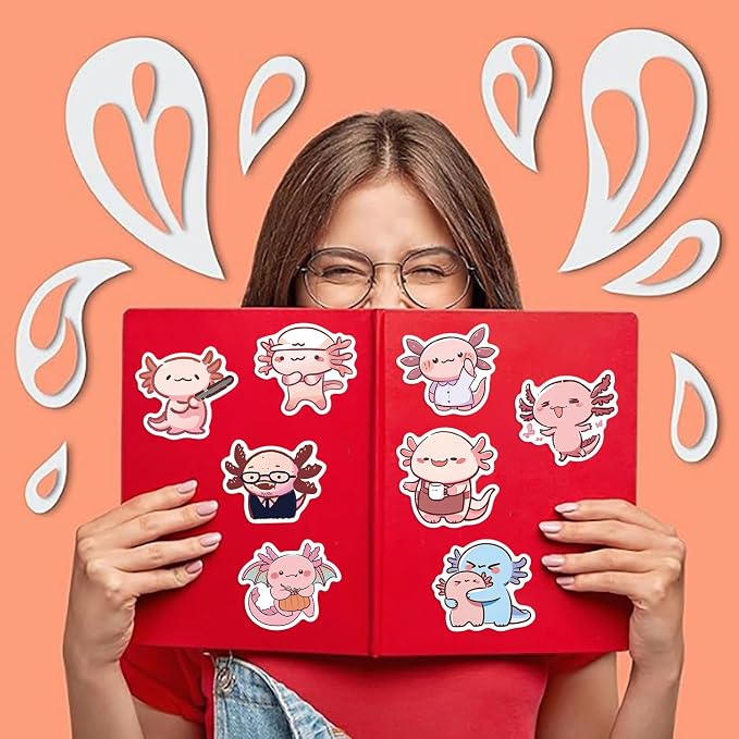 50Pcs Axolotl Sticker, Cute Salamander Stickers for Kids Teens Adults, Vinyl Cartoon Pink Animals Decals Kawaii Axolotls Sticker for Decor Water Bottles Laptops Guitar Scrapbook (Axolotl)