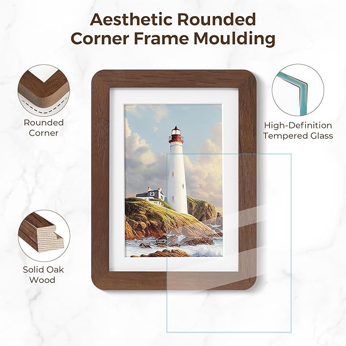 8x10 Picture Frame, Rustic 8 by 10 Photo Frame for Wall & Tabletop Display - Solid Oak Wood & Tempered Glass, 8x10 Picture Frame Matted to 5x7, Wood Collage Frames for Home, Walnut Color, 3 Pack