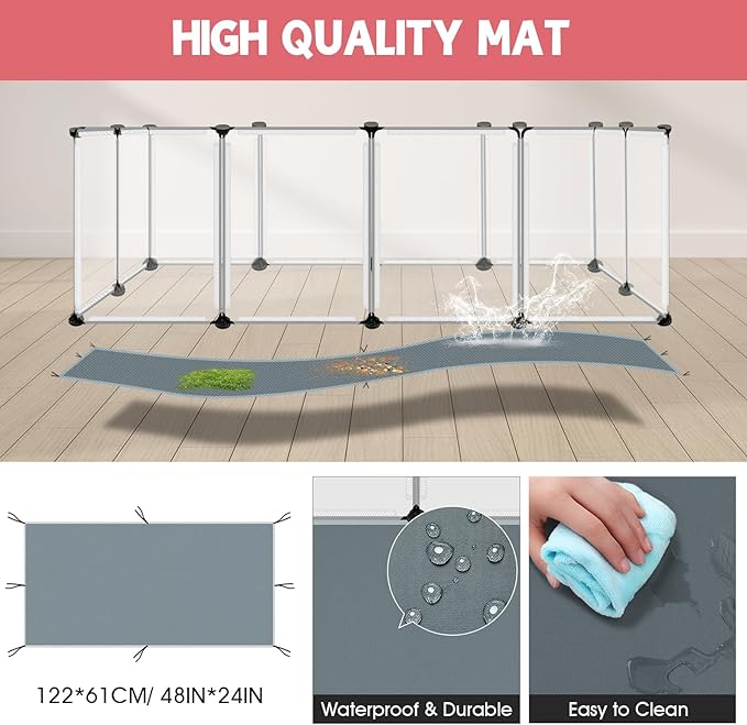 VISCOO 20 Panels Small Animals Playpen, 48"x24"x16" Pet Playpen | Transparent with Waterproof Mat,Portable Plastic Fence for Guinea Pigs/Bunny/Hamsters/Hedgehogs Indoors Outdoor