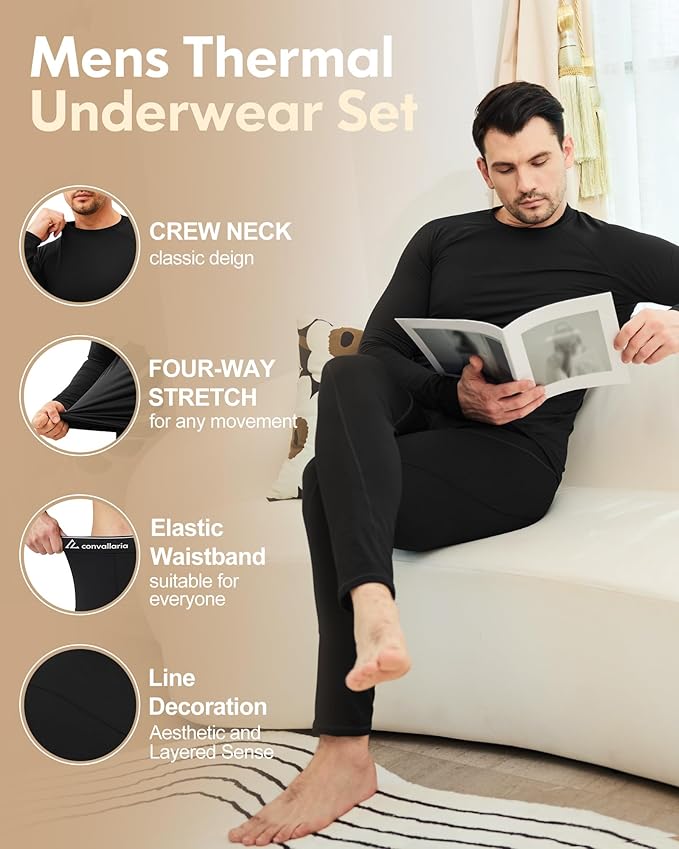 CL convallaria Thermal Underwear for Men Long Johns Fleece Lined Hunting Gear Set Base Layer for Cold Weather XS-4XL