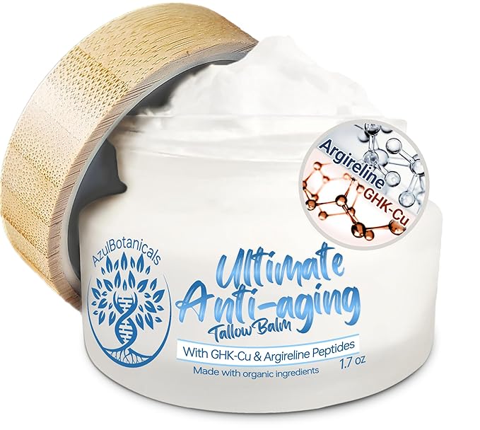 Ultimate Anti-Aging Tallow Balm Made with Organic Ingredients and Infused with Copper Peptide (GHK-Cu) and Argireline Hexapeptide, Black Seed Oil, Apricot Seed Oil (1.7 oz)