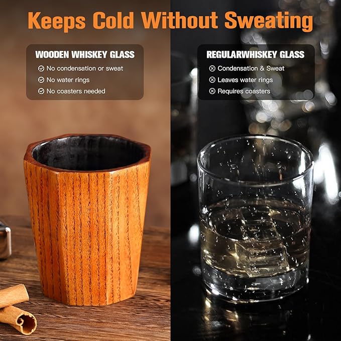 Wooden Whiskey Glass, Wood Bourbon Glasses, Wooden Bourbon Drinking Glass, Old Fashioned Glass Whiskey Gift Sets for Men Father’s Day, Birthdays, Weddings, Anniversaries, Retirement