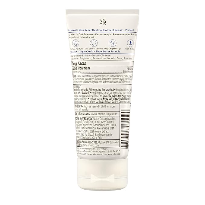 Aveeno Skin Relief Healing Ointment, Repair & Protect Extra Dry, Cracked Skin, Glycerin Protectant with Triple Oat & Shea Butter, Fragrance-Free & Non-Greasy Feel, Travel Size, 2.0 oz (Pack of 3)