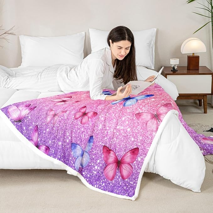 Feelyou Girls Butterfly Fleece Throw Blanket Twin 60"x80" Kids Pink Glitter Print Sherpa Blanket Plush Fuzzy for Bed Couch Chair Living Room, Dreamy Girly Bed Blanket Princess Style Room Decor