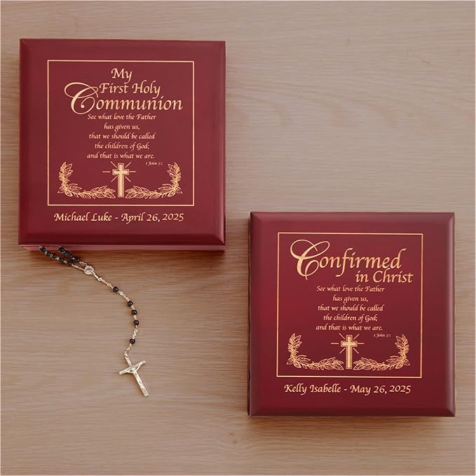Let's Make Memories Personalized Confirmation Keepsake Box - Scripture - Sacrament - Religious Keepsake - Natural Wood - Cherry Finish - Inspirational Verse - 6.75”Lx6.75”W