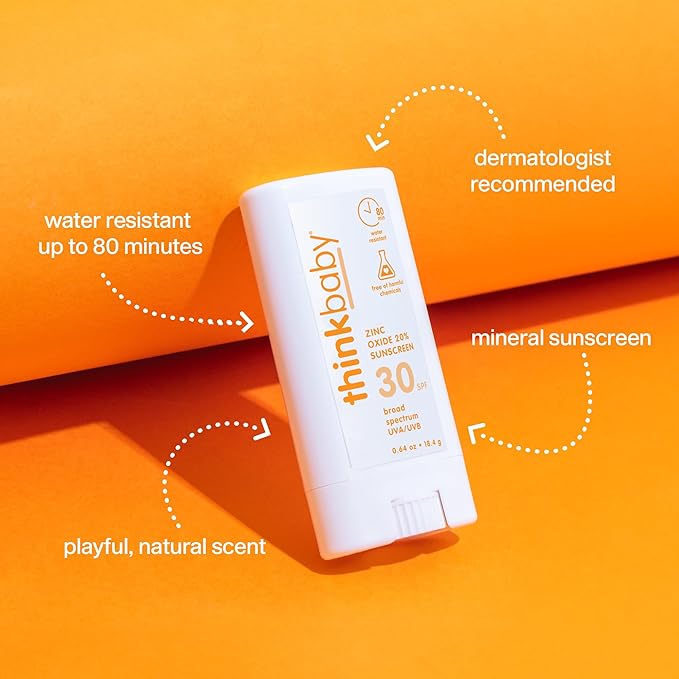 Thinkbaby SPF 30 Sunscreen Stick – Safe, Natural, Water Resistant Sun Cream for Babies, Kids & Adults – Mineral UVA/UVB Sun Protection – Reef Friendly Travel Stick, 0.64 oz