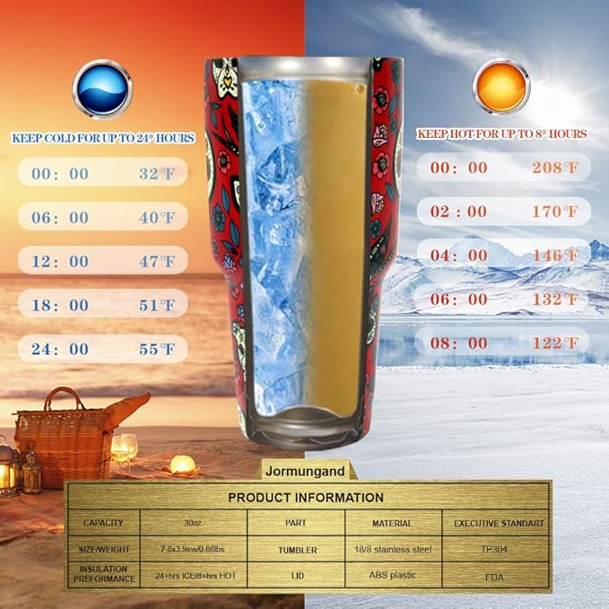 Jormungand 30 oz Tumbler with Handle and Straw Stainless Steel Vacuum Insulated Water Bottle Cup Holder Friendly Coffee Mug with Leak Proof Lid Gift for Women&Men Red Sugar Skull