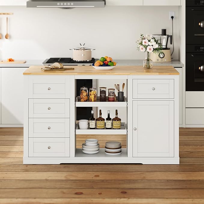 RoyalCraft 59'' Inch Kitchen Island with Storage and Drop Leaf, Island Table for Kitchen, Coffee Station Cabinet with Rubber Wood Top, Pull-Out Trays, Drawers, Adjustable Shelf, Power Outlet, White