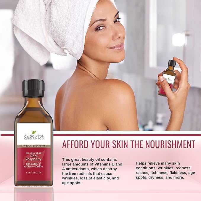 Au Natural Organics Red Raspberry Seed Oil - Natural Face, Body & Skin Care Beauty Oil - Rich in Omega 3-6-9 Fatty Acids - Moisturize & Rejuvenate | 3.4oz / 100ml
