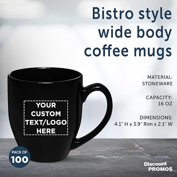 Custom Large Coffee Cups 16 oz. Set of 100, Personalized Bulk Pack - Perfect for Tea, Espresso, Cappuccino, Hot Cocoa - Black