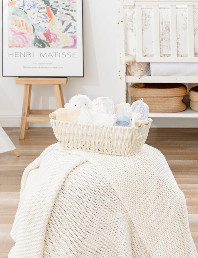 StorageWorks Round Paper Rope Woven Basket with Wooden Handles for Gifts, Small Wicker Baskets for Bathroom, Beige, 2-Pack