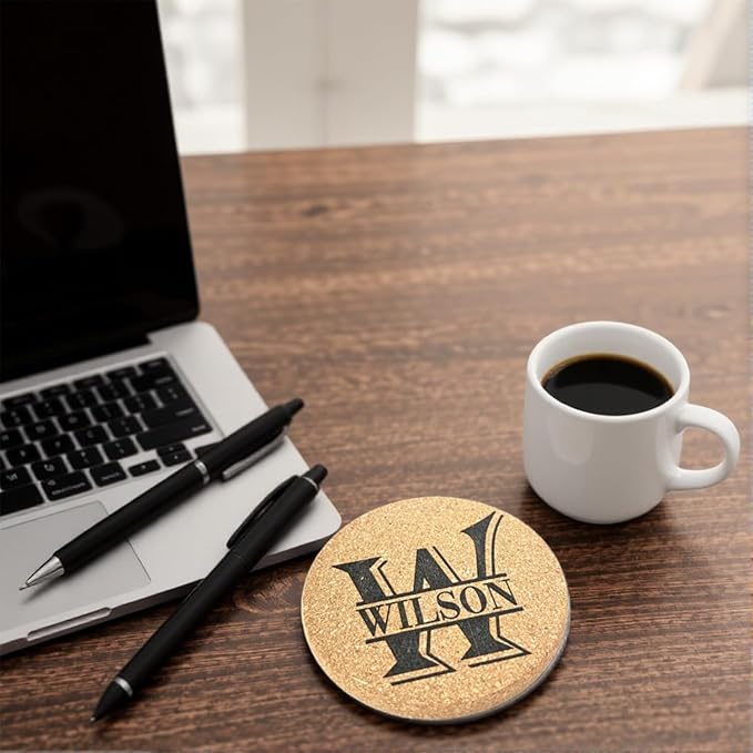 Set of 5 Personalized Custom Monogram Cork Coasters, Custom Wedding, Housewarming Gifts, Promotional Giveaways (Design #6)