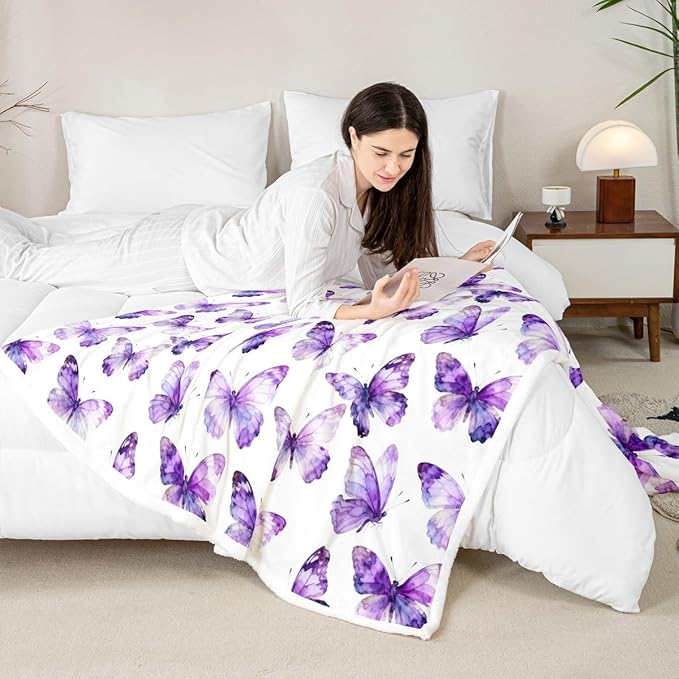 Feelyou Girls Purple Butterfly Fleece Throw Blanket Throw 50"x60" Kids Watercolor Sherpa Blanket Plush Fuzzy for Bed Couch Chair Living Room, Chic Gorgeous Bed Blanket Room Decor