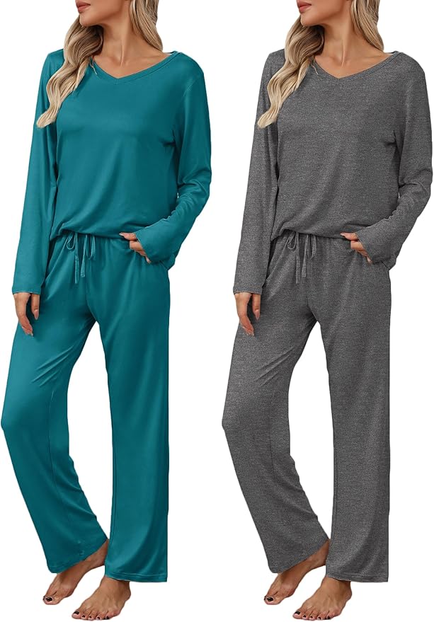 Ekouaer Womens 2 Pack Pajama Set Long Sleeve Pajamas Top and Pants V Neck Pjs Set Soft Loungewear with Pockets
