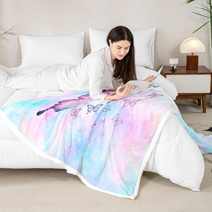 Feelyou Girls Gorgeous Butterflies Fleece Throw Blanket 40"x50" Kids Purple Blue Tie Dye Sherpa Blanket Plush Fuzzy for Bed Couch Chair Living Room, Butterflies Lover Bed Blanket Room Decor