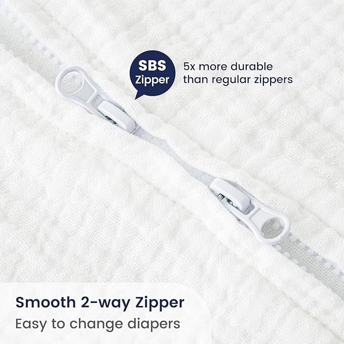 PHF 100% Muslin Cotton Baby Sleep Sacks, 6-12 Months Sleep Sack with 2-Way Zipper, 2 Pack Unisex 0.5 TOG Breathable Medium Size Sleeveless Baby Wearable Blanket, White & Grey