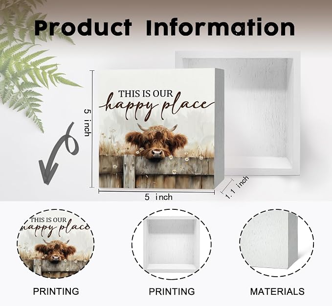 Highland Cow Sign - Farmhouse Western Animal Office Kitchen Bedroom Decor,Rustic Farm This Is Our Happy Place Home Decor Signs,highland Cow Gifts For Women,5x5 Inch