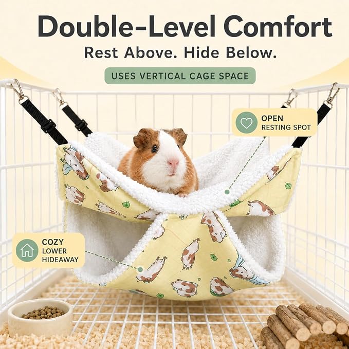 Small Pet Hammock & Tunnel Set for Ferrets, Guinea Pigs, Rats - Plush Hideout Bed & Cage Toy, 2-Pack, Yellow Guinea Pig Print