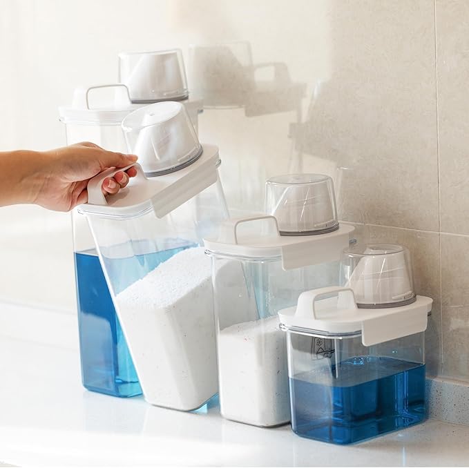 Laundry Detergent Dispenser-2 Pack, 37 oz Detergent Dispenser with 4 Removable Labels, Laundry Soap Dispenser for Laundry Room Organization and Storage, BPA Free & PET Plastic Clear