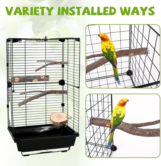 12 Pcs Natural Wood Bird Perch Stand & Platform Set for Cages | Ideal for Small/Medium Birds (Budgies, Conures) | Bark Textures for Foot Health | Tool-Free Wing-Nut | Safe Chewing