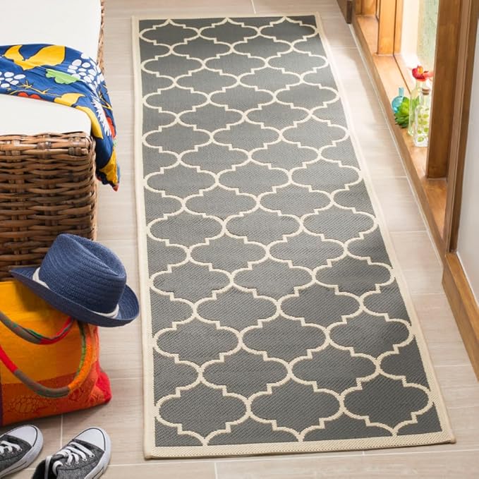 SAFAVIEH Washable Rug Outdoor Courtyard Collection - 2'3" x 12' Runner, Anthracite & Beige, Non-Shedding & Easy Cleaning, Ideal for Patio, Entryway, Mudroom, Hallway, Kitchen (CY6914-246)