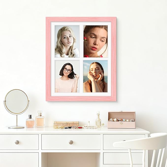 12x16 Picture Frame 5x7 Collage Picture Frame Displays Four 5x7 inch Photos or 12x16 (Without Mat) for Available Horizontal Wall Mounting Display and Vertical Pink
