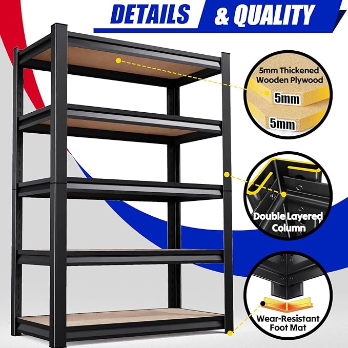72"H Garage Shelving Adjustable Garage Shelves 2500LBS Storage Shelves,5-Tier Metal Shelving Unit Storage Shelf, Easy Assembly Utility Shelf for Warehouse, Basement, Black (72''H x 35.4''W x 15.8''D)