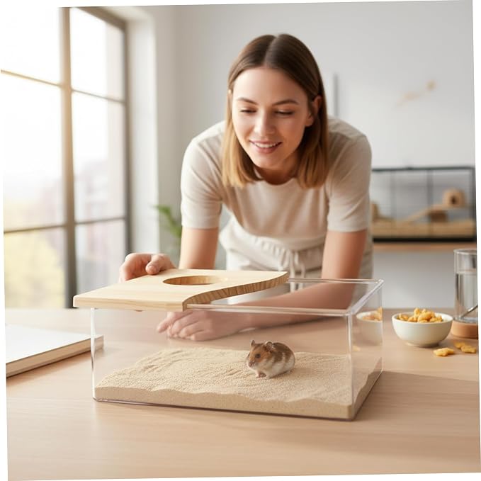Hamster Sand Box, Wooden Cover Clear Acrylic Hamster Dig Box for Small Pets - Saves Space, Easy to Clean, Stable Container for Hamsters, Gerbils, Mice