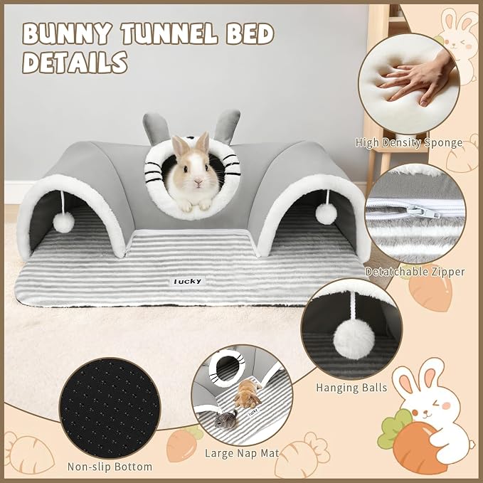 YUEPET 3-Way Bunny Tunnel Bed, Rabbit Tunnel for Indoor, Bunny Play Tunnel | Cozy Bunny Bed, Washable Rabbit Tunnels for Indoor Bunnies, With Removable Cushion, Anti-Slip Base, 29.5 x 21.7 in, Grey