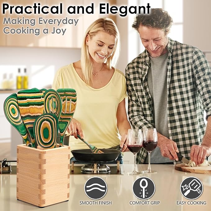 Pakkawood 7-Piece Wooden Cooking Utensil Set-Wood Kitchen Utensil Set, Wooden Spoons for Cooking, Nonstick Safe Non-Toxic Wooden Cooking Tools by HOWHONG (Oasis Color)