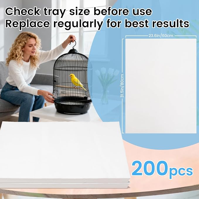 17.7x13.8in Bird Cage Liners - 200 Sheets Pre-Cut Cage Tray Pads | Disposable Absorbent Non-woven Pads Absorb Moisture and Collect Feathers for Parrots, Cockatiels, Parakeets and Finches