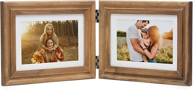 Horizontal 5X7 Picture Frames Double Hinged Wood Folding Photo Frames with Real Glass Front Fit for Desktop or Tabletop Display Pictures 4x6 with Mat or 5x7 Without Mat, Wood Grain XZON-H75X2