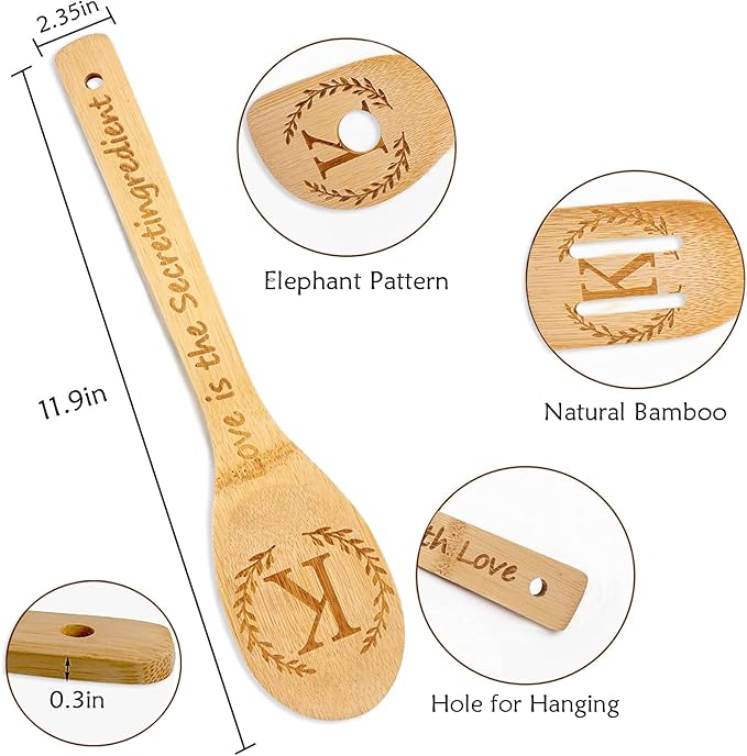 5PCS Initial Wooden Cooking Spoons Initial Letter Kitchen Decor Gifts Personalized Monogrammed Birthday Gifts for Women Mom Friend Housewarming Wedding Bamboo Cooking Spoons