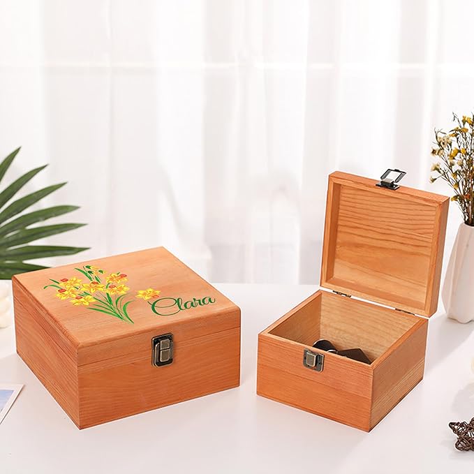 Personalized Wooden Keepsake Memory Box with Birth Flower & Name, Custom Wood Decorative Storage Box with Lids Customized Christmas Gift Box for Women Teen Girls Mom Birthday Gifts