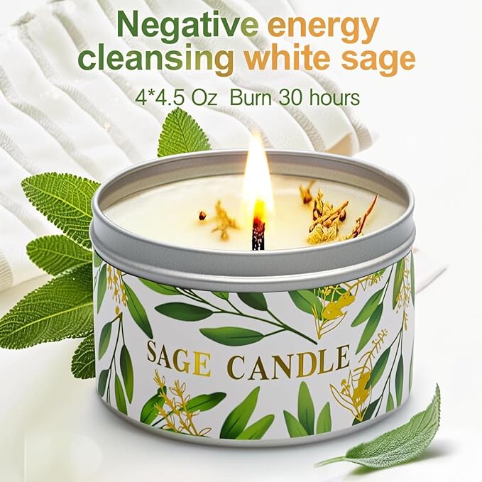 Gisly 4 Pack Sage Candles for Cleansing House Energy, Pure White Sage Candle Housewarming Gifts, 120 Hour Long Lasting Natural Soy Wax Aromatherapy Candles, Scented Candle Gift Set for Women