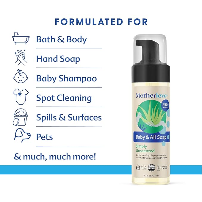 Motherlove Baby & All Soap (2 pack, 7.1 oz) Gentle Foaming All-Purpose Castile Soap Made with Organic Ingredients – Simply Unscented