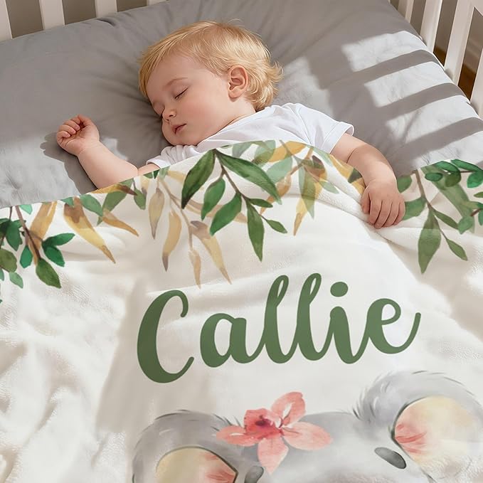 Personalized Baby Blanket with Name, Customized Soft Animals Flannel Blankets for Newborn Boys Girls and Toddlers, for New Mom, Infant Birthday Gift, Koala-2