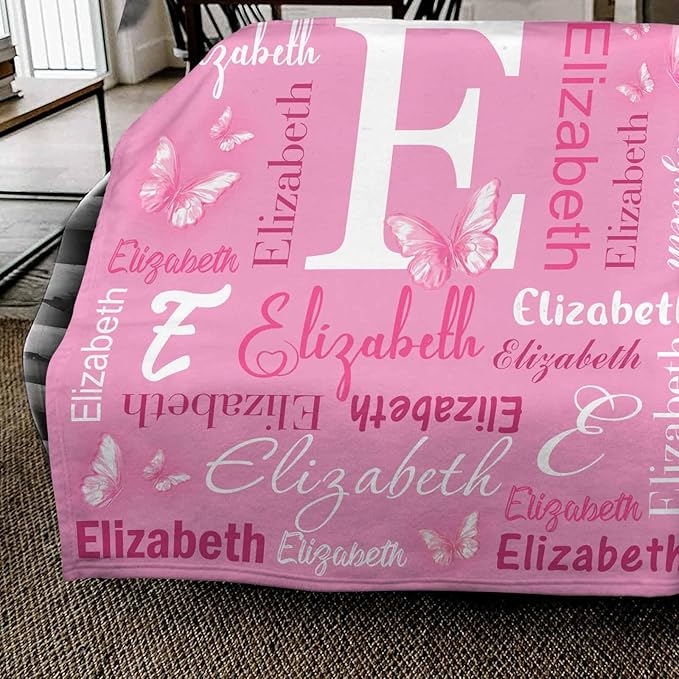 Custom Name Blanket Personalized Throw-Blanket with Names for Boys Girls Kids Teen Baby Pink Butterfly Pattern Customied Name Blanket Customizable Gift for Adult Men Womens Christmas Brithday