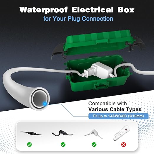 FLEMOON IP55 Outdoor Electrical Box Waterproof with Detachable Awning Covers, 8.3 x 4.1 x 3.7 inch Weatherproof Extension Cord Cover, Easy Installation for Outdoor Plug, Outlet, String Lights, Green