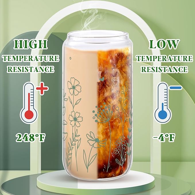 2 Pcs Gift for Women Sage Green Spring Floral Glasses Cups, 16 oz Cute Aesthetic Glass Cups with Lid and Straws Mothers Day Iced Coffee Cup, Idea Gift for Girls New Mom Day Birthday Baby Shower Party