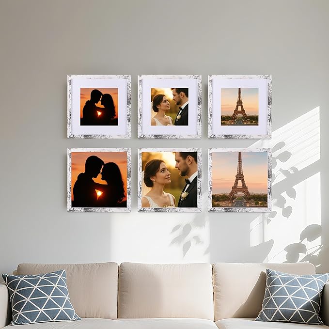 6 Pcs 8x8 Rustic White Wood Picture Frame - Display Pictures 5x5 with Mat or 8 x 8 without - Distressed White Wooden Photo Frames for Wall Mounting or Table 8 8 Matted to 5x5 Farmhouse Set of 6