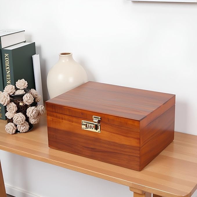 Large Wooden Keepsake Box - Wood Storage Box Decorative Boxes with Combination Lock for Storing Keepsake Memory Gift, 12.5 IN Wooden Memory Boxes with Lid for Home Decor-WB005-(Brown