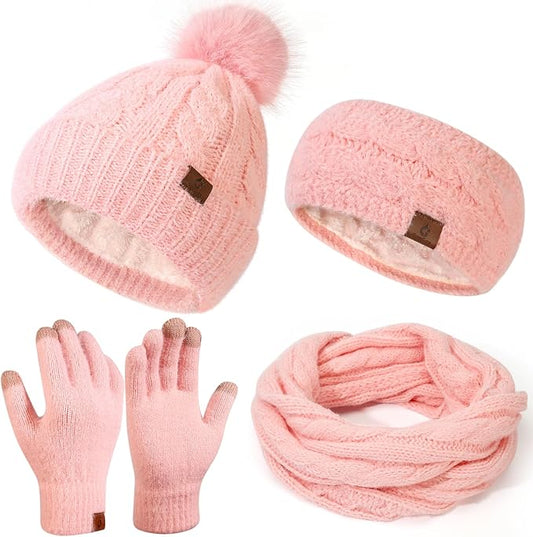 Womens Beanie Hat Infinity Scarf Touchscreen Gloves Fleece Headband 4 in 1 Winter Clothes Set Gifts for Women