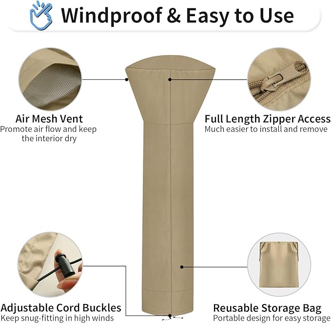 OutdoorLines Waterproof Outdoor Patio Heater Covers with Zipper and Storage Bag, Dust-proof UV-Resistant Windproof Propane Heavy Duty Heater Cover for Standing Heater, 2 Packs-89Hx33Dx19B inch Camel