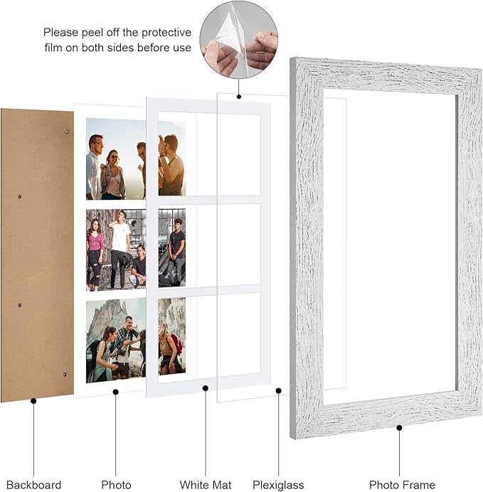 8x16 Picture Frame Display 3 opening Picture Frame 5x7 Collage,Multi Photo Frame with Mat,Plexiglass,Horizontal and Vertical Formats for Wall Decor,Distressed White Wood Grain