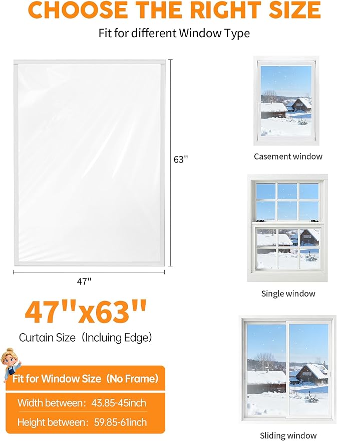 Ready-to-Install Plastic Window Insulation Film 47″×63″ (Fits 44″×60″ Windows), Reusable Clear Draft Protection Thermal Insulated Window Cover with Built-in Hook & Loop Edge, No Cutting or Messy Tape