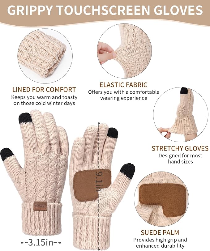 Remifa Winter Hat Scarf Gloves Set for Women, 3 PCS Beanie Hat Touchscreen Glove Long Neck Kint Scarf Valentines Gifts